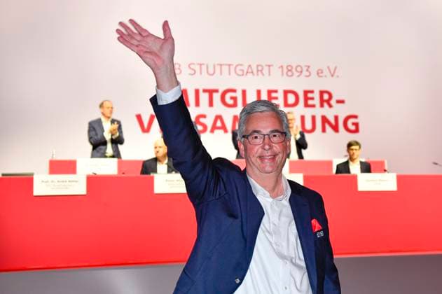 Praesident Dietmar Allgaier VfB Stuttgart gewinnt die Wahl Jubel, Freude, Emotion, emotional, jubelt, Glueck, gluecklich, Gestik Geste VfB Stuttgart Mitgliederversammlung 2025 22.03.2025 DFL REGULATIONS PROHIBIT ANY USE OF PHOTOGRAPHS AS IMAGE SEQUENCES AND OR QUASI-VIDEO VfB Stuttgart Mitgliederversammlung 2025 22.03.2025
