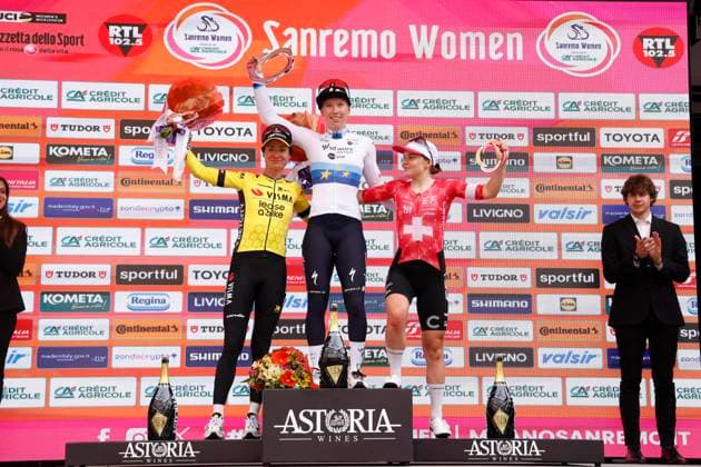 March 22, 2025, Sanremo, Italy: Sanremo. Lorena Wiebes (NED) of the Team SD Worx - Protime celebrate on the podium in the Milano - Sanremo Women 1st edition, from Genova to Sanremo 156 km. 22. Second place Marianne Vos (NED) of the Team Visma - Lease a Bike,third Noemi Ruegg (SUI) of the team EF-Oatly-Cannondale. March 2025, Sanremo. ROBERTO BETTINI ANSA, Cycling, Milano-Sanremo women  - ZUMAa110 20250322_zaf_a110_012 Copyright: xRobertoxBettinix