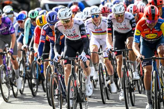 2025 Milan - Sanremo UCI WorldTour cycling race SANREMO, ITALY - MARCH 22 : Wellens Tim (BEL) of UAE Team Emirates - XRG in action in front of Pogacar Tadej (SLO) of UAE Team Emirates - XRG and Politt Nils (GER) of UAE Team Emirates - XRG during the UCI WorldTour 116th Milan - Sanremo cycling race with start in Pavia and finish at the Via Roma in Sanremo on March 22, 2025 in Sanremo, Italy, 22 03 2025 ( Motordriver Kenny Verfaillie - Sanremo Italy  Copyright: xNicoxVereeckenx