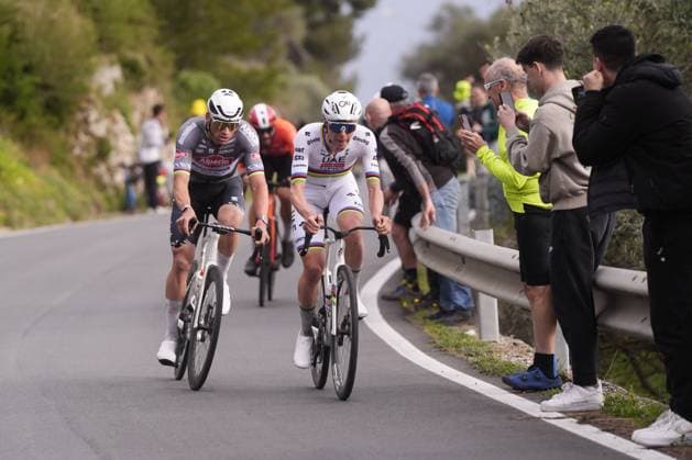VAN DER POEL Mathieu and POGACAR Tadej during the men s elite race of the Milano-Sanremo one day cycling race (289 km) from Pavia and to Sanremo - North West Italy - March 22, 2025. - cycling .  Copyright: xFabioxFerrari LaPressex