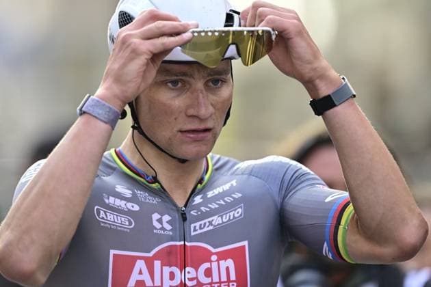Dutch Mathieu van der Poel of Alpecin-Deceuninck celebrates after winning the Milano-Sanremo one day cycling race for men, 289km from Milan to Sanremo, Italy, Saturday 22 March 2025. DIRKxWAEM  x115413302x