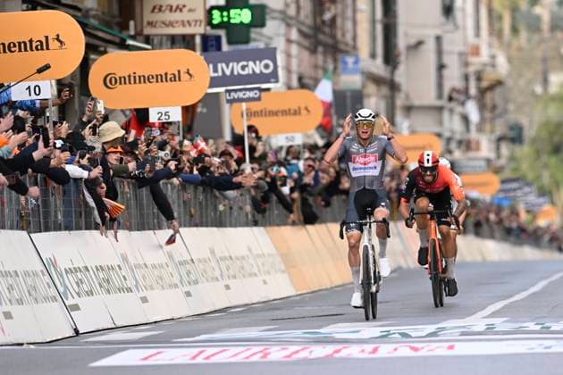 2025 Milan - Sanremo UCI WorldTour cycling race SANREMO, ITALY - MARCH 22 : Van Der Poel Mathieu (NED) of Alpecin - Deceuninck celebrating his victory during the UCI WorldTour 116th Milan - Sanremo cycling race with start in Pavia and finish at the Via Roma in Sanremo on March 22, 2025 in Sanremo, Italy, 22 03 2025 ( Motordriver Kenny Verfaillie - Sanremo Italy  Copyright: xNicoxVereeckenx