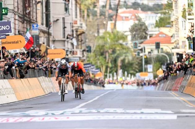 2025 Milan - Sanremo UCI WorldTour cycling race SANREMO, ITALY - MARCH 22 : Van Der Poel Mathieu (NED) of Alpecin - Deceuninck, Ganna Filippo (ITA) of INEOS Grenadiers in the final sprint during the UCI WorldTour 116th Milan - Sanremo cycling race with start in Pavia and finish at the Via Roma in Sanremo on March 22, 2025 in Sanremo, Italy, 22 03 2025 ( Motordriver Kenny Verfaillie - Sanremo Italy  Copyright: xNicoxVereeckenx