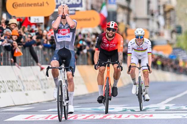2025 Milan - Sanremo UCI WorldTour cycling race SANREMO, ITALY - MARCH 22 : Van Der Poel Mathieu (NED) of Alpecin - Deceuninck celebrating his victory during the UCI WorldTour 116th Milan - Sanremo cycling race with start in Pavia and finish at the Via Roma in Sanremo on March 22, 2025 in Sanremo, Italy, 22 03 2025 ( Motordriver Kenny Verfaillie - Sanremo Italy  Copyright: xNicoxVereeckenx