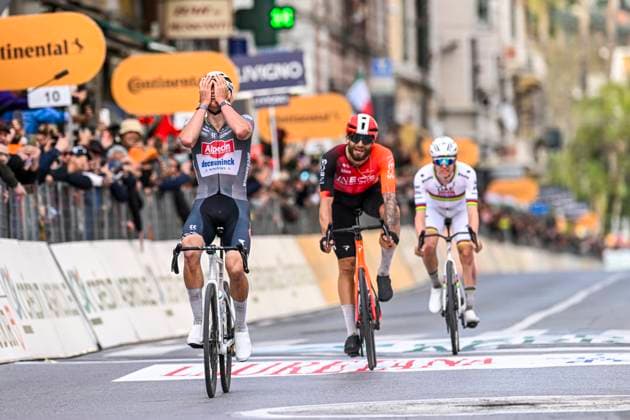 2025 Milan - Sanremo UCI WorldTour cycling race SANREMO, ITALY - MARCH 22 : Van Der Poel Mathieu (NED) of Alpecin - Deceuninck celebrating his victory during the UCI WorldTour 116th Milan - Sanremo cycling race with start in Pavia and finish at the Via Roma in Sanremo on March 22, 2025 in Sanremo, Italy, 22 03 2025 ( Motordriver Kenny Verfaillie - Sanremo Italy  Copyright: xNicoxVereeckenx