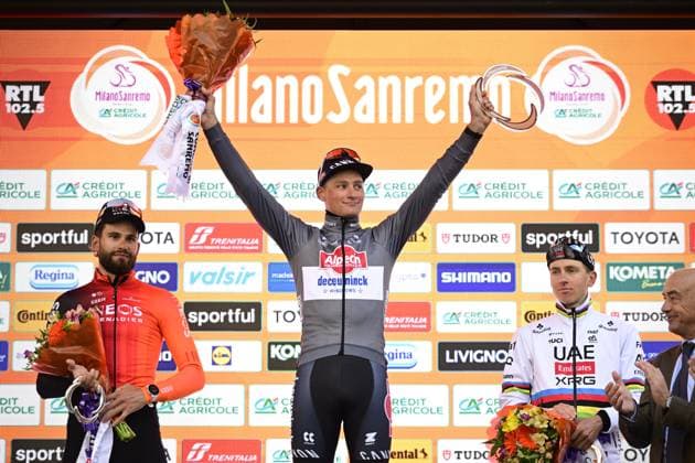 Italian Filippo Ganna of Ineos Grenadiers, Dutch winner Mathieu van der Poel of Alpecin-Deceuninck and Slovenian Tadej Pogacar of UAE Team Emirates pictured on the podium after the Milano-Sanremo one day cycling race for men, 289km from Milan to Sanremo, Italy, Saturday 22 March 2025. DIRKxWAEM  x115414580x