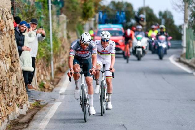 2025 Milan - Sanremo UCI WorldTour cycling race SANREMO, ITALY - MARCH 22 : Van Der Poel Mathieu (NED) of Alpecin - Deceuninck, Pogacar Tadej (SLO) of UAE Team Emirates - XRG in action in Cipressa during the UCI WorldTour 116th Milan - Sanremo cycling race with start in Pavia and finish at the Via Roma in Sanremo on March 22, 2025 in Sanremo, Italy, 22 03 2025 ( Sanremo Italy  Copyright: xPoox