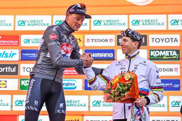 2025 Milan - Sanremo UCI WorldTour cycling race SANREMO, ITALY - MARCH 22 : Van Der Poel Mathieu (NED) of Alpecin - Deceuninck, Pogacar Tadej (SLO) of UAE Team Emirates - XRG, Ganna Filippo (ITA) of INEOS Grenadiers on the podium during the UCI WorldTour 116th Milan - Sanremo cycling race with start in Pavia and finish at the Via Roma in Sanremo on March 22, 2025 in Sanremo, Italy, 22 03 2025 ( Motordriver Kenny Verfaillie - Sanremo Italy  Copyright: xNicoxVereeckenx