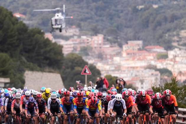The pack rides cycles during the men s elite race of the Milano-Sanremo one day cycling race (289 km) from Pavia and to Sanremo - North West Italy - March 22, 2025. - cycling .  Copyright: xFabioxFerrari LaPresse,xFerrarixFabiox