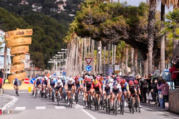 The pack rides cycles during the men s elite race of the Milano-Sanremo one day cycling race (289 km) from Pavia and to Sanremo - North West Italy - March 22, 2025. - cycling .  Copyright: xFabioxFerrari LaPresse,xFerrarixFabiox