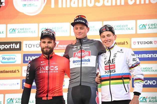 22-03-2025 Milano - Sanremo; 2025, Alpecin - Deceuninck; 2025, Ineos Grenadiers; 2025, Uae Team Emirates - Xrg; Van Der Poel, Mathieu; Ganna, Filippo; Pogacar, Tadej; Sanremo; 