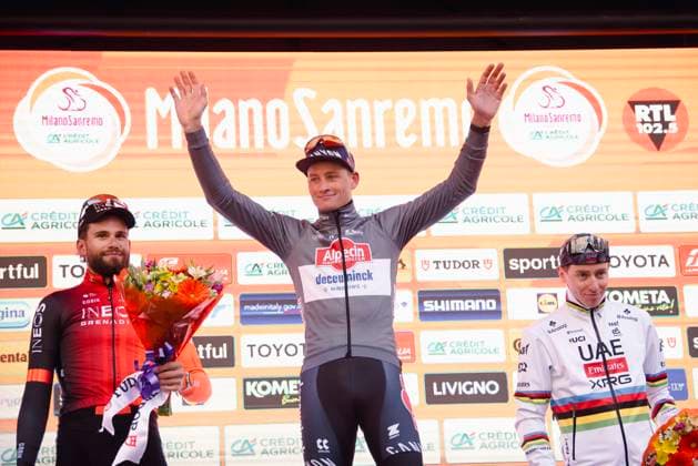 March 22, 2025, Sanremo, Imperia, Italy: Dutch rider Mathieu Van Der Poel on the podium wins Milano-Sanremo Sanremo Italy - ZUMAm214 20250322_zip_m214_017 Copyright: xMatteoxSeccix