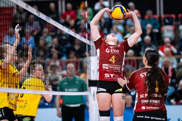 VBL Volleyball-Bundesliga; PlayOff Viertelfinale, SC Potsdam - VfB Suhl; 22.03.2025 VBL Volleyball-Bundesliga; PlayOff Viertelfinale; SC Potsdam - VfB Suhl; 22.03.2025; 4 Jenna Ewert (SCP) Copyright: xBEAUTIFULxSPORTS NicolxMarschallx