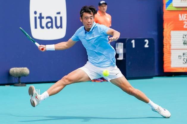March 22, 2025, Miami, Florida, USA: Coleman Wong (HKG) returns a shot to Ben Shelton (not pictured) during his mens singles second round match at the 2025 Miami Open presented by Itau at Hard Rock Stadium. Miami USA - ZUMAw109 20250322_fap_w109_021 Copyright: xDebbyxWongx