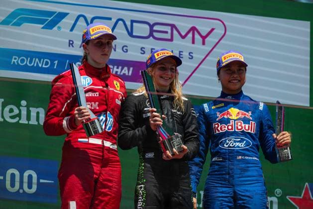 AUTO - F1 ACADEMY 2025 - SHANGHAI WEUG Maya (nld), MP Motorsport, Supporter by Ferrari, Tatuus F4-T421, portrait, PIN Doriane (fra), Prema Racing, Supporter by Mercedes, Tatuus F4-T421, portrait, CHAMBERS Chloe (usa), Campos Racing, Tatuus F4-T421, portrait podium during the 1st round of the 2025 F1 Academy Championship from March 21 to 23, 2025 on the Shanghai International Circuit, in Shanghai, China - ShanghaiChina Copyright: xJavierxJimenezx