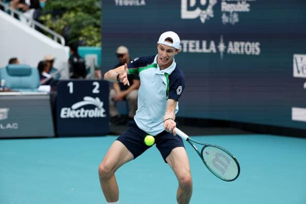 March 22, 2025, Miami Gardens, Florida, United States Of America: MIAMI GARDENS, FLORIDA - MARCH 22: Joao Fonseca of Brazil defeats Ugo Humbert of France in the second round of the men s singles at the Miami Open at the Hard Rock Stadium on March 22, 2025 in Miami Gardens, Florida. ...People: Ugo Humbert Miami Open 2025 - Day 5  - ZUMAs214 20250322_ada_s214_216 Copyright: xSMGx