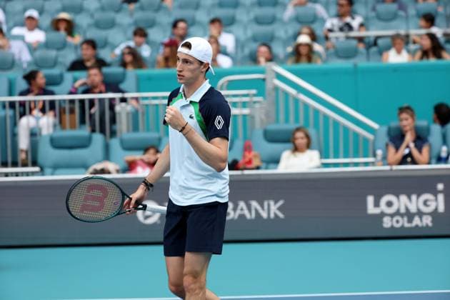 March 22, 2025, Miami Gardens, Florida, United States Of America: MIAMI GARDENS, FLORIDA - MARCH 22: Joao Fonseca of Brazil defeats Ugo Humbert of France in the second round of the men s singles at the Miami Open at the Hard Rock Stadium on March 22, 2025 in Miami Gardens, Florida. ...People: Ugo Humbert Miami Open 2025 - Day 5  - ZUMAs214 20250322_ada_s214_224 Copyright: xSMGx