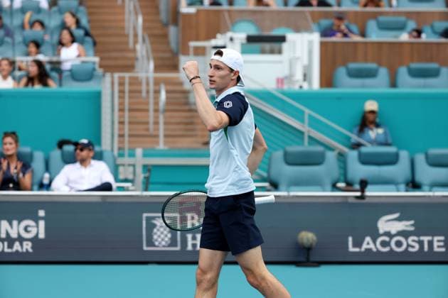 March 22, 2025, Miami Gardens, Florida, United States Of America: MIAMI GARDENS, FLORIDA - MARCH 22: Joao Fonseca of Brazil defeats Ugo Humbert of France in the second round of the men s singles at the Miami Open at the Hard Rock Stadium on March 22, 2025 in Miami Gardens, Florida. ...People: Ugo Humbert Miami Gardens United States Of America - ZUMAs214 20250322_ada_s214_227 Copyright: xSMGx