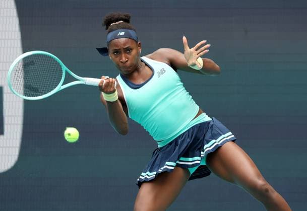 March 22, 2025, Miami Gardens, Florida, USA: COCO GAUFF of the United States defeats Maria Sakkari of Greece during their match on day 5 at Hard Rock Stadium on March in Miami Gardens. Gauff defeated Sakkari 6-2, 6-4. Tennis 2025: Miami Open: Day 5  - ZUMAs214 20250322_ada_s214_003 Copyright: xSMGx