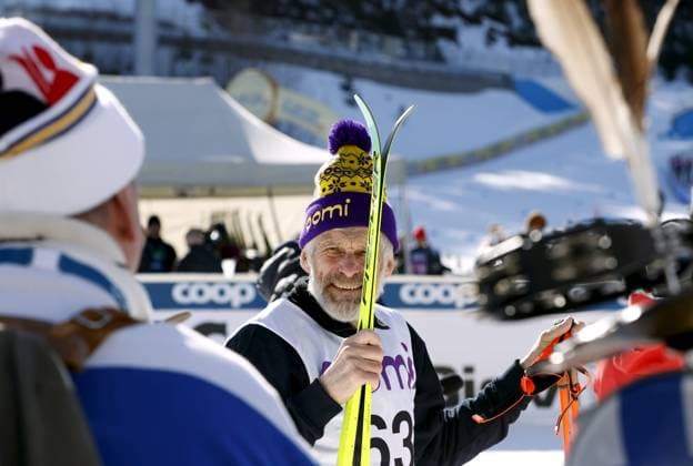Cross country skiing legends, Finnish Juha Mieto and Swedish Thomas Wassberg (in the picture) during their duell competition at the FIS Nordic World Cup Lahti Ski Games in Lahti, Finland, on March 23, 2025. Lahti Finland LKFTVX20250323133449DWKJ  Copyright: xPepexKorteniemix LKFTVX20250323133449DWKJ