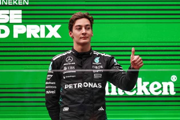 23.03.2025, Shanghai International Circuit, Shanghai, Formel 1 Großer Preis von China 2025, im Bild Podium: 3.Platz für George Russell (GBR), Mercedes-AMG Petronas Formula One Team (Photo by Hasan Bratic DeFodi Images)
