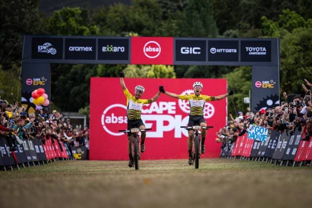 Switzerland s Nino Schurter and Filippo Colombo celebrate after winning the eight-day Cape Epic mountain bike pairs stage race in South Africa, Lourensford, March 23, 2025. (CTKxPhoto MichalxCerveny) CTKPhotoF202503230003801  CTKPhotoF202503230003801