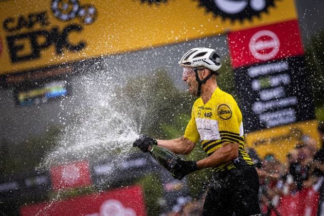 Switzerland s Nino Schurter celebrates after winning the eight-day Cape Epic mountain bike pairs stage race in South Africa, Lourensford, March 23, 2025. (CTKxPhoto MichalxCerveny) CTKPhotoF202503230004001  CTKPhotoF202503230004001