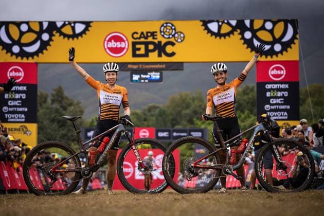 Danish-Argentine duo Annika Langvad and Sofia Gomes Villafane celebrate after winning the eight-day Cape Epic mountain bike pairs stage race in South Africa, Lourensford, March 23, 2025. (CTKxPhoto MichalxCerveny) CTKPhotoF202503230004401  CTKPhotoF202503230004401