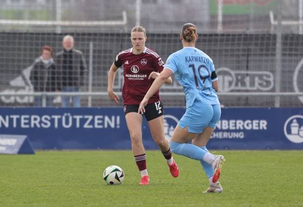 23.03.2025 - Fussball - Saison 2024 2025 - 2. Frauen - Fussball - Bundesliga - 19. Spieltag: 1. FC Nürnberg FCN ( Club Clubfrauen ) - VfL Bochum - Sportfoto Zink DaMa - xdaxmax - Amelie Thöle Thoele (12, 1. FC Nürnberg FCN ) Lucy Karwatzki (19, VfL Bochum )