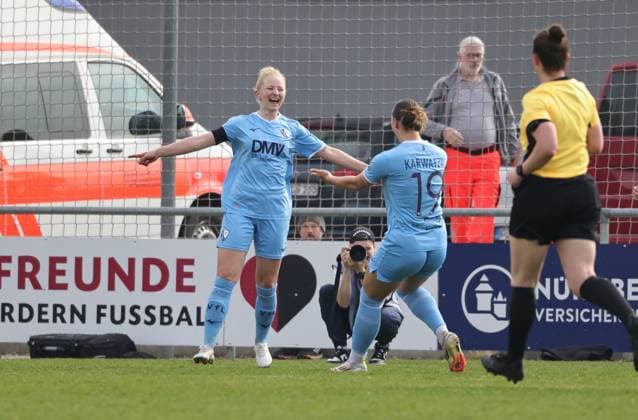23.03.2025 - Fussball - Saison 2024 2025 - 2. Frauen - Fussball - Bundesliga - 19. Spieltag: 1. FC Nürnberg FCN ( Club Clubfrauen ) - VfL Bochum - Sportfoto Zink DaMa - xdaxmax - Jubel Freude Torjubel nach Tor zum 0:2 - Mara Wilhelm (7, VfL Bochum ) und Mannschaft Team jubelt freut sich - Torschütze: Mara Wilhelm (7, VfL Bochum )