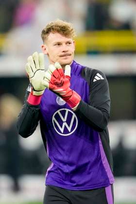 Torwart Alexander Nuebel (Germany) looks on during the UEFA Nations League Quarterfinal Leg Two match between Germany and Italy at Football Stadium Dortmund on March 23, 2025 in Dortmund, Germany.