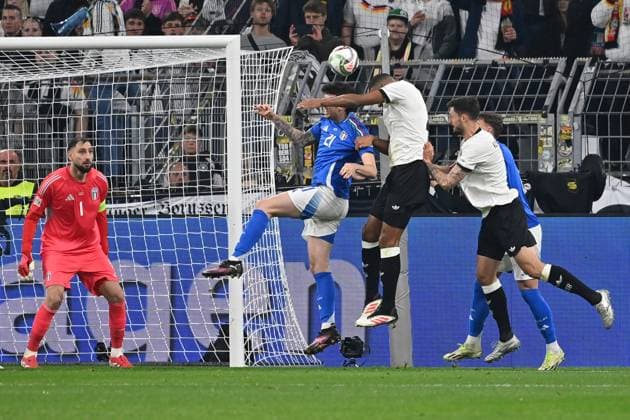 23.03.2025, xjrdrx, Fussball UEFA Nations League, Deutschland - Italien v.l. Gianluigi Donnaruma (Italien) Alessandro Bastoni (Italien) Jonathan Tah (Deutsche Fussball Nationalmannschaft DFB) Tim Kleindienst (Deutsche Fussball Nationalmannschaft DFB) (DFL DFB REGULATIONS PROHIBIT ANY USE OF PHOTOGRAPHS as IMAGE SEQUENCES and or QUASI-VIDEO) Dortmund