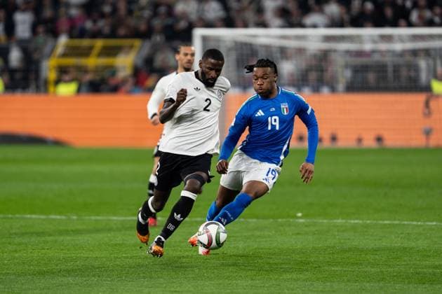 GER, Nations League, Deutschland vs Italien 23.03.2025, Signal Iduna Park, Dortmund, GER, Nations League, Deutschland vs Italien im Bild: Zweikampf zwischen Antonio Rüdiger Ruediger (Deutschland, 2) und Destiny Udogie (Italien ITA, 19)