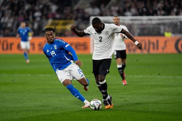 GER, Nations League, Deutschland vs Italien 23.03.2025, Signal Iduna Park, Dortmund, GER, Nations League, Deutschland vs Italien im Bild: Zweikampf zwischen Antonio Rüdiger Ruediger (Deutschland, 2) und Destiny Udogie (Italien ITA, 19)