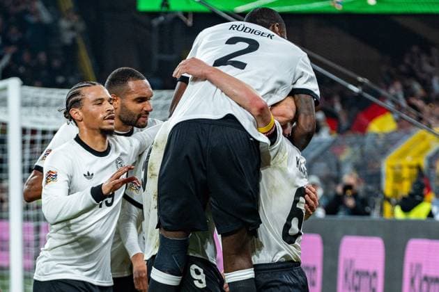 23.03.2025, Deutschland vs. Italien, Nations League, Viertelfinale-Rückspiel Tor und Jubel durch Jamal Musiala (Deutschland, 10) zum 2:0 hier mit Joshua Kimmich (Deutschland, 6) Angelo Stiller (Deutschland, 16) Leroy Sane (Deutschland, 19) Jonathan Tah (Deutschland, 4) Antonio Rüdiger (Deutschland,2) Copyright: xBahhoxKarax
