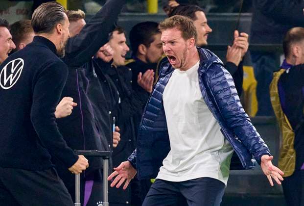 DFB headcoach Julian Nagelsmann , Bundestrainer, Nationaltrainer, celebrate 3-0 goal of Tim Kleindienst, DFB 9 in the UEFA Nations League 2025 match GERMANY - ITALY in Season 2024 2025 at Mar 23, 2025 in Dortmund, Germany.