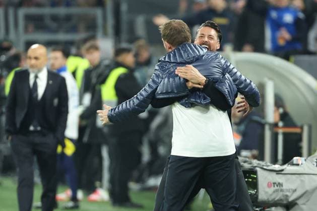 UEFA Nations League - 24 25 - Deutschland - Italien am 23.03.2025 im Signal Iduna Park in Dortmund Trainer Coach Julian Nagelsmann (Deutschland) und Co Trainer Sandro Wagner (Deutschland) jubeln über das Tor zum 3 zu 0 durch Tim Kleindienst (Deutschland 9)