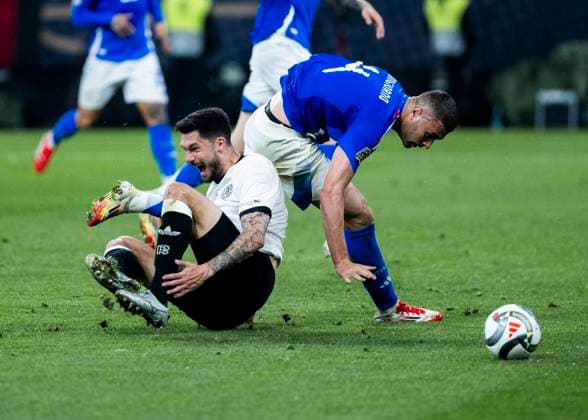 Signal-Iduna-Park, Dortmund, 23.03.2025: Tim Kleindienst of Germany gets penalty after foul from Alessandro Buongiorno of Italia during the UEFA Nations League Quarterfinal Match Germany v Italia.