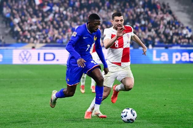 FOOTBALL : France vs Croatie - Ligue des Nations - 23 03 2025 Ousmane Dembele ( 7 - France ) and Mateo Kovacic ( 8 - Croatia ) during the UEFA Nations League match between France and Croatia at Stade de France on March 23, 2025 in Paris, France. ( Photo by Dante Badano PsnewZ ) - ParisFrance  Copyright: xDantexBadanox