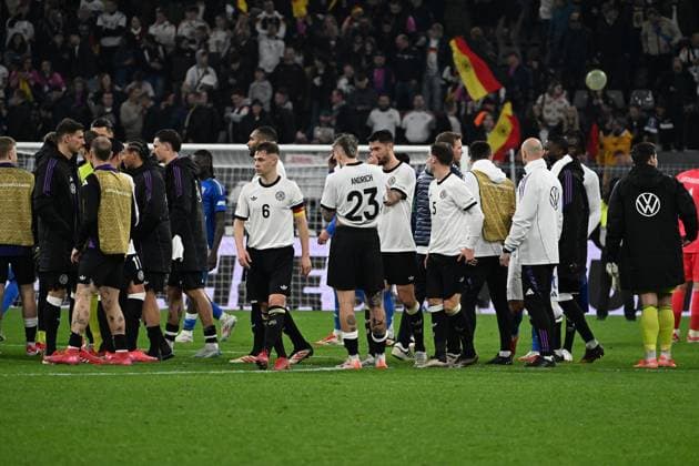 23.03.2025, xsltx, Fussball UEFA Nations League, Deutschland - Italien v.l. Jubel, Freude über den Sieg Joshua Kimmich (Deutsche Fussball Nationalmannschaft DFB) Robert Andrich (Deutsche Fussball Nationalmannschaft DFB) Tim Kleindienst (Deutsche Fussball Nationalmannschaft DFB) Pascal Groß Gross (Deutsche Fussball Nationalmannschaft DFB) Trainer Julian Nagelsmann (Deutsche Fussball Nationalmannschaft DFB) (DFL DFB REGULATIONS PROHIBIT ANY USE OF PHOTOGRAPHS as IMAGE SEQUENCES and or QUASI-VIDEO) Dortmund