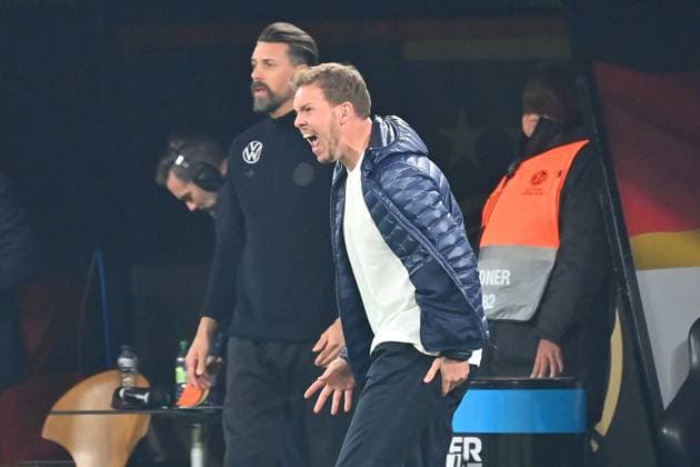 Bundestrainer Julian NAGELSMANN (GER) bruellt,schreitt,hi:Sandro WAGNER (Co Trainer GER), Fussball Nations League Viertelfinale Deutschland (GER) - Italien (ITA) 3-3 am 23.03.2025, Signal Iduna Park