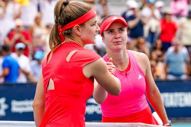 March 23, 2025, Miami, Florida, USA: Elina Svitolina (UKR) (R) shakes hands with Karolina Muchova (CZE) after the women s singles third round match at the 2025 Miami Open presented by Itau at Hard Rock Stadium. Miami USA - ZUMAw109 20250323_fap_w109_022 Copyright: xDebbyxWongx