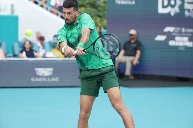 March 23, 2025, Miami Gardens, Florida, United States Of America: MIAMI GARDENS, FLORIDA - MARCH 23: Novak Djokovic of Serbia defeats Camilo Ugo Carabelli of Argentina during Day 6 of the Miami Open at Hard Rock Stadium on March 23, 2025 in Miami Gardens, Floriida...People: Novak Djokovic Miami Gardens United States Of America - ZUMAs214 20250323_ada_s214_053 Copyright: xSMGx