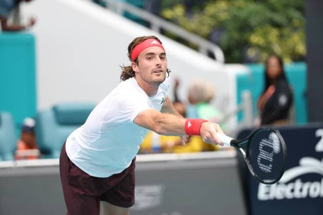 March 23, 2025, Miami Gardens, Florida, United States Of America: MIAMI GARDENS, FLORIDA - MARCH 23: Sebastian Korda of the United States defeats Stefanos Tsitsipas of Greece during Day 6 of the Miami Open at Hard Rock Stadium on March 23, 2025 in Miami Gardens, Florida....People: Stefanos Tsitsipas Miami Gardens United States Of America - ZUMAs214 20250323_ada_s214_180 Copyright: xSMGx