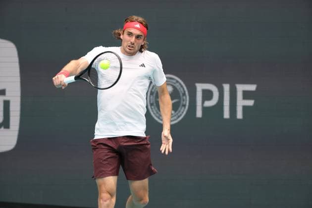 March 23, 2025, Miami Gardens, Florida, United States Of America: MIAMI GARDENS, FLORIDA - MARCH 23: Sebastian Korda of the United States defeats Stefanos Tsitsipas of Greece during Day 6 of the Miami Open at Hard Rock Stadium on March 23, 2025 in Miami Gardens, Florida....People: Stefanos Tsitsipas Miami Gardens United States Of America - ZUMAs214 20250323_ada_s214_184 Copyright: xSMGx