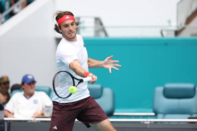 March 23, 2025, Miami Gardens, Florida, United States Of America: MIAMI GARDENS, FLORIDA - MARCH 23: Sebastian Korda of the United States defeats Stefanos Tsitsipas of Greece during Day 6 of the Miami Open at Hard Rock Stadium on March 23, 2025 in Miami Gardens, Florida....People: Stefanos Tsitsipas Miami Gardens United States Of America - ZUMAs214 20250323_ada_s214_204 Copyright: xSMGx