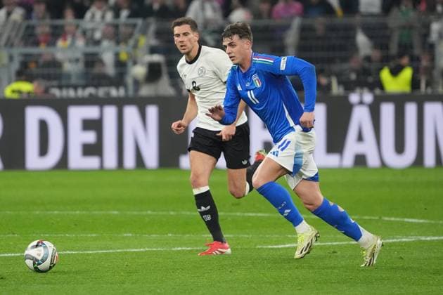 Daniel Maldini (Italien, Italy, Italia, 11) gegen Leon Goretzka (Deutschland Germany, 8) - Dortmund 23.03.2025: Deutschland vs. Italien, UEFA Nations League Viertelfinale Rückspiel, Signal Iduna Park