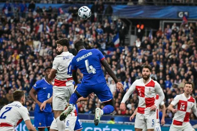 Nations League - France v Croatia - FA French defender Dayot Upamecano heads the ball during the UEFA Nations League football match between France and Croatia at the Stade de France stadium in Saint-Denis, north of Paris on March 23, 2025. Photo by Firas Abdullah ABACAPRESS.COM Metz Lorraine France  Copyright: xAbdullahxFiras ABACAx