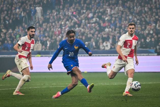 Nations League - France v Croatia - FA French forward Bradley Barcola kicks the ball during the UEFA Nations League football match between France and Croatia at the Stade de France stadium in Saint-Denis, north of Paris on March 23, 2025. Photo by Firas Abdullah ABACAPRESS.COM Metz Lorraine France  Copyright: xAbdullahxFiras ABACAx