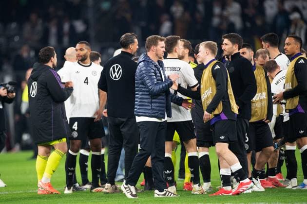 Schlussjubel Deutschland, v.l. Co-Trainer Sandro WAGNER (GER) ,Trainer Bundestrainer Julian NAGELSMANN (GER) Jonathan BURKARDT (GER), -Standard-Coach Mads BUTTGEREIT (GER), Jubel, jubeln, Freude, cheers, Fussball UEFA Nations League Viertelfinale, Round of 8, Deutschland (GER) - Italien (ITA) 3-3 am 23.03.2024 im Signal Iduna Park Dortmund,